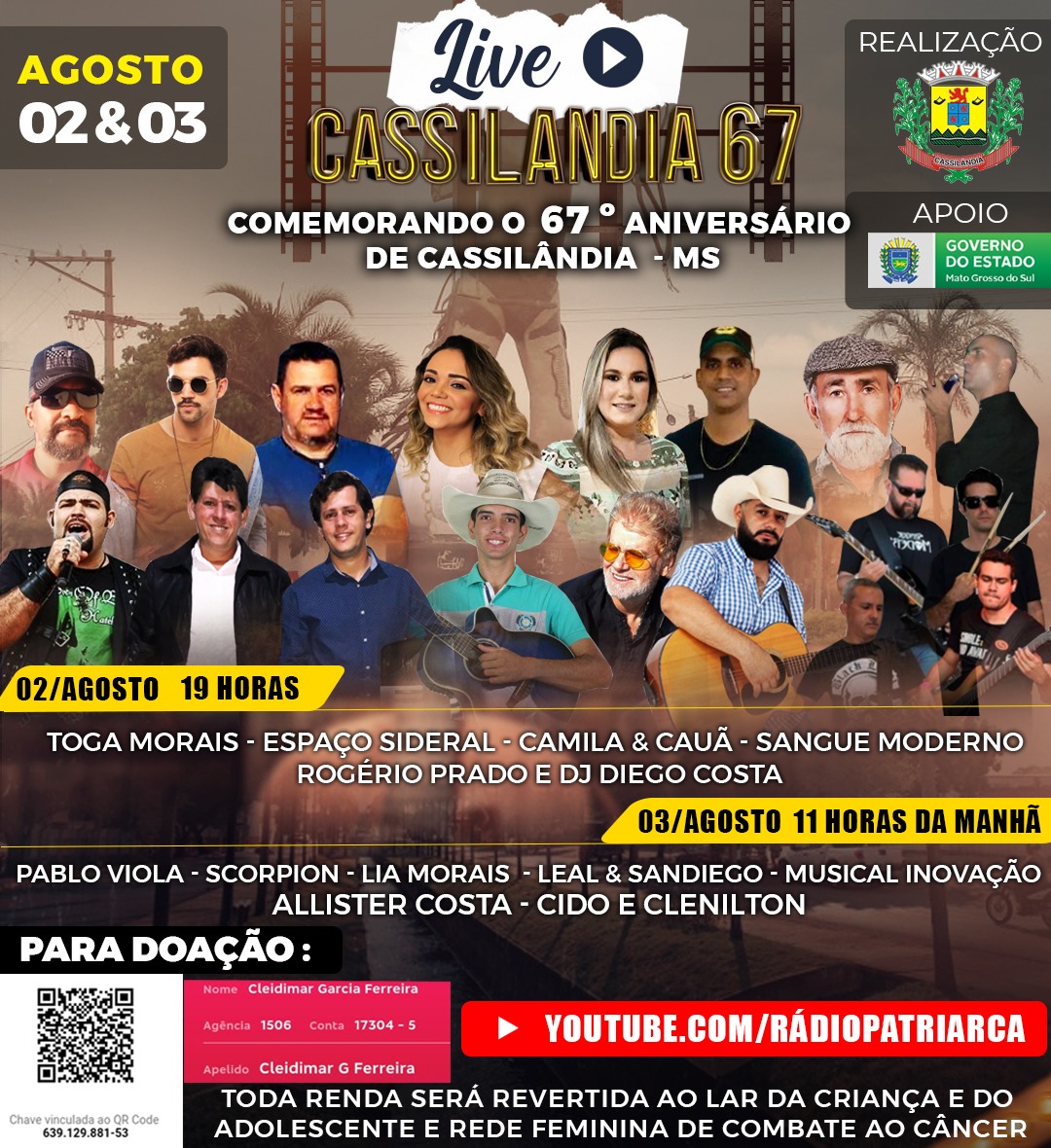 Confira os cantores que participarão da live solidária em comemoração ao 67° aniversário de Cassilândia