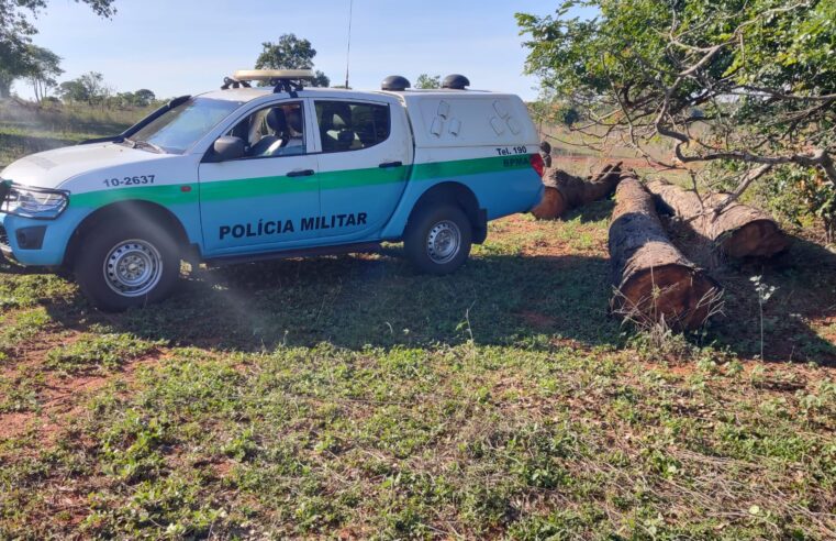 Polícia Ambiental de Cassilândia atua infrator em R$ 21 mil por exploração de madeira em área de floresta protegida de reserva legal e apreende 40 m³ de toras, trator e motosserra