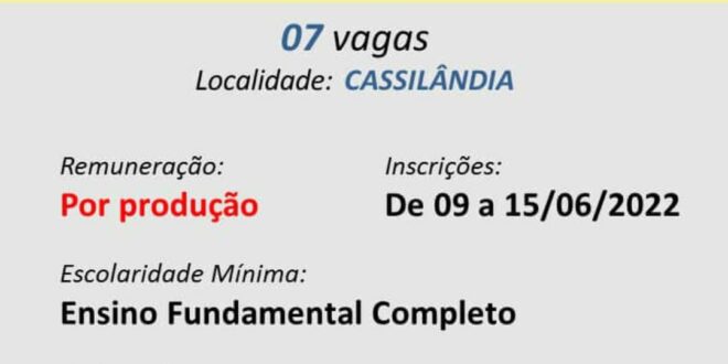 PROCESSO SELETIVO SIMPLIFICADO – 7 VAGAS PARA RECENSEADOR EM CASSILÂNDIA-MS