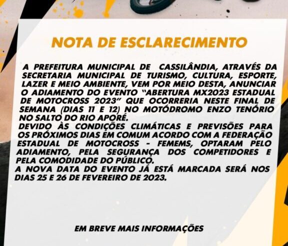 Prefeitura comunica adiamento do Estadual de Motocross em Cassilândia