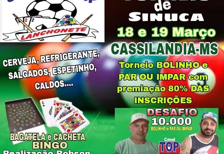 Dias 18 e 19 de março haverá um grande Torneio de sinuca em Cassilândia