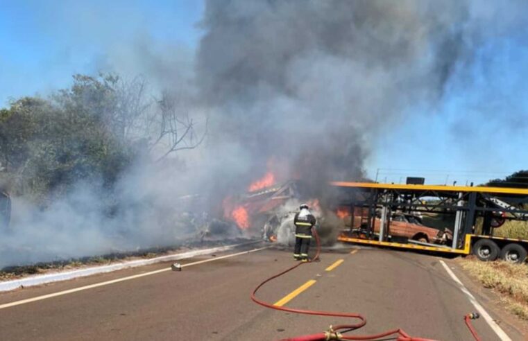 Caminhoneiro morre carbonizado em colisão entre dois caminhões-cegonha na MS-338